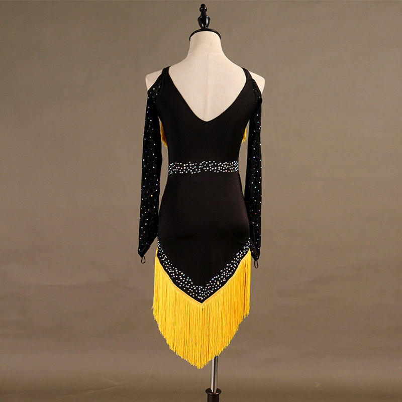 All black latin dance dress with chevron tassel fringe and sheer stoned waist