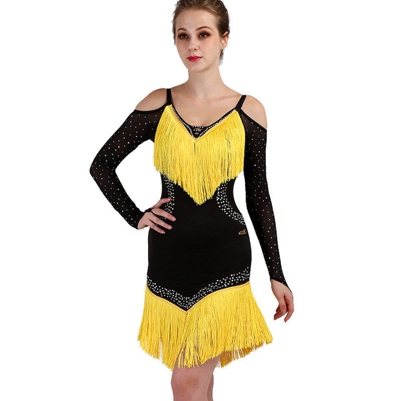 Model wearing the black and yellow chevron fringe latin dance dress