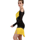 Model showing the side of the yellow fringe latin dance dress in movement