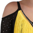 Close view of the yellow chevron fringe and rhinestone shoulder strap
