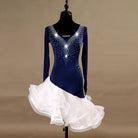 Navy latin dance dress with crystal covered V bodice and white organza ruffle skirt