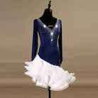 Navy latin dance dress front view showing the long sleeves and crystal shoulders