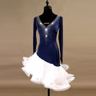 Navy latin dance dress angled view with the white ruffle layers