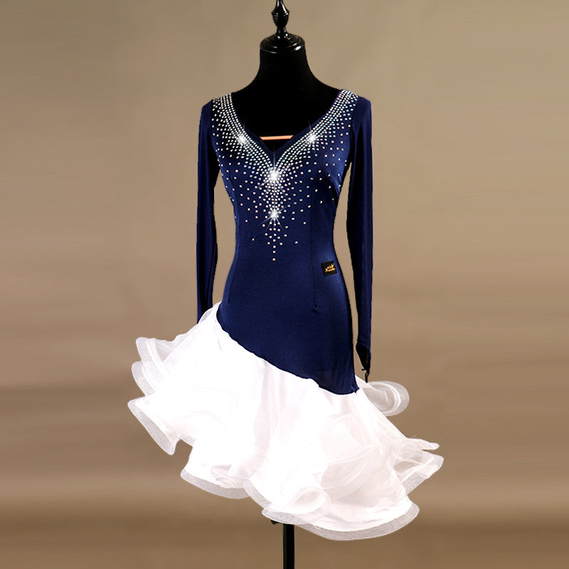 Navy latin dance dress angled view with the white ruffle layers