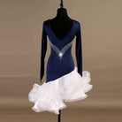 Navy latin dance dress rear view showing the open back and crystal trim