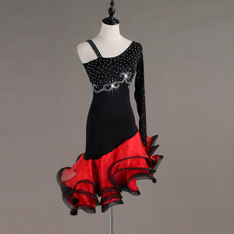 Black latin dance dress with red curled organza ruffle skirt