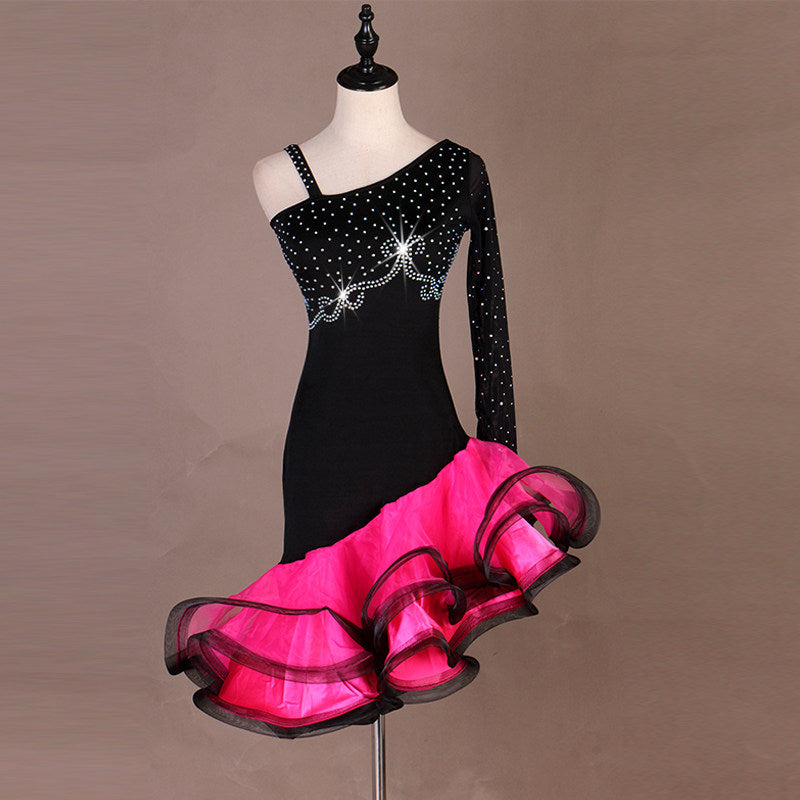 Black latin dance dress with rose red curled organza ruffle skirt