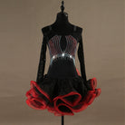 Black latin dance dress with crystal starburst bodice and red curled organza skirt