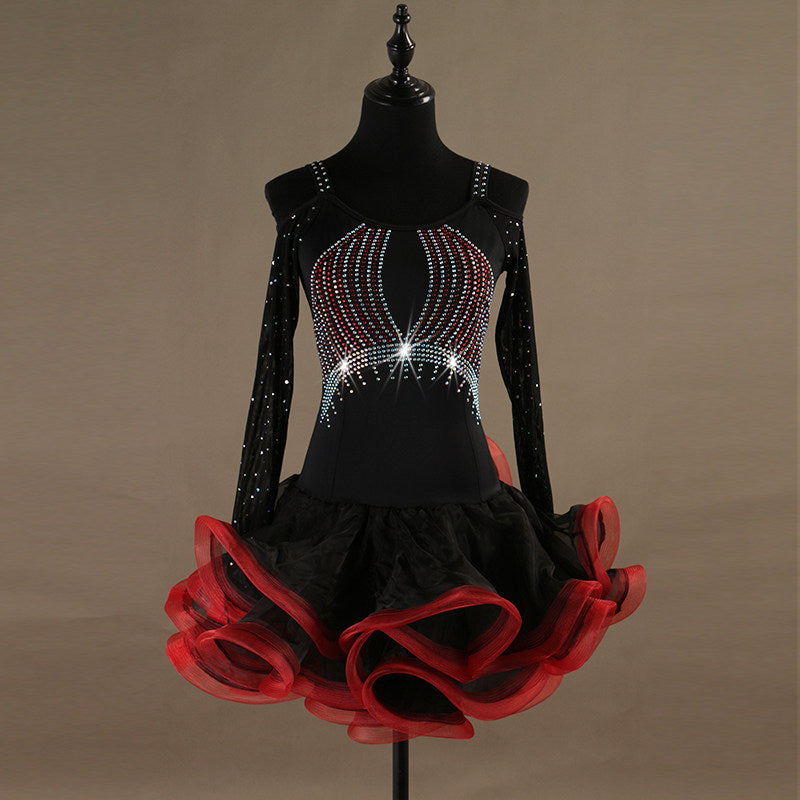 Black latin dance dress with crystal starburst bodice and red curled organza skirt