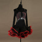 Black latin dance dress front view showing the stoned mesh sleeves