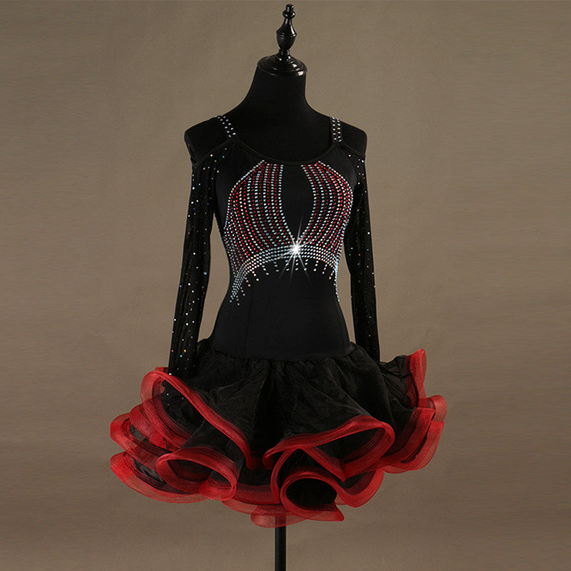 Black latin dance dress front view showing the stoned mesh sleeves