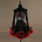 Black latin dance dress angled view with the red and black ruffle layers