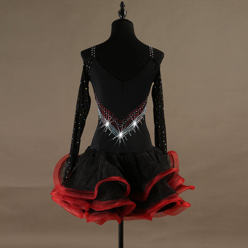 Black latin dance dress rear view showing the open back and crystal rays