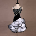 Black velvet latin dance dress with diagonal crystal band and white curled organza skirt