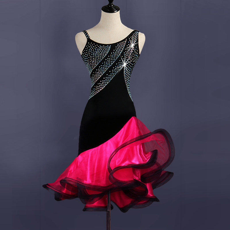 Black velvet latin dance dress with rose red curled organza ruffle skirt