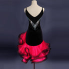 Black velvet latin dance dress rear view with the rose red ruffle hem