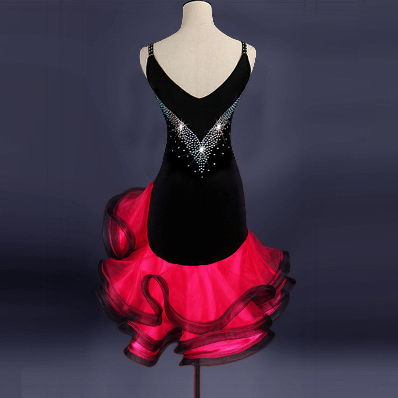 Black velvet latin dance dress rear view with the rose red ruffle hem
