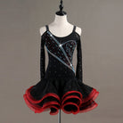 Black latin dance dress with diagonal crystal sash and red curled organza skirt