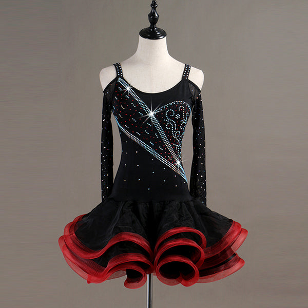 Black latin dance dress with diagonal crystal sash and red curled organza skirt