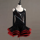 Black latin dance dress front view showing the cold shoulder mesh sleeves