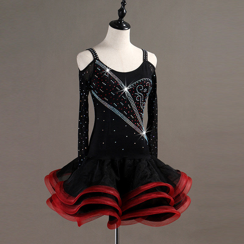 Black latin dance dress front view showing the cold shoulder mesh sleeves