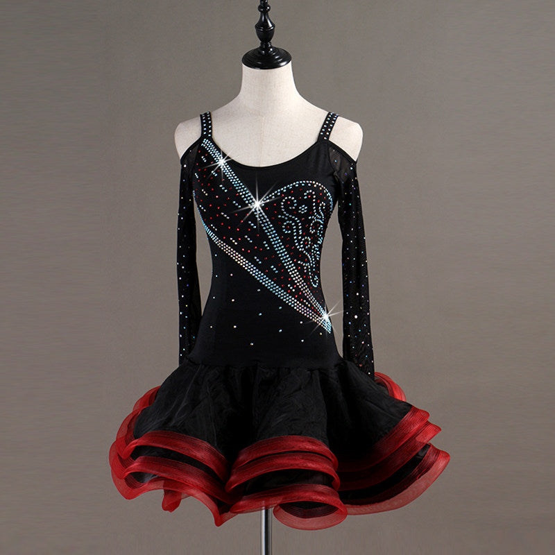 Black latin dance dress angled view with the crystal sash catching light