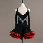 Black latin dance dress rear view showing the open back and red ruffle hem