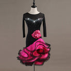 Black latin dance dress with rose red corsage and matching curled organza skirt