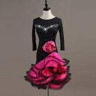 Black latin dance dress angled view showing the mesh yoke and crystal line