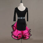Black latin dance dress rear view with the rose red ruffle hem
