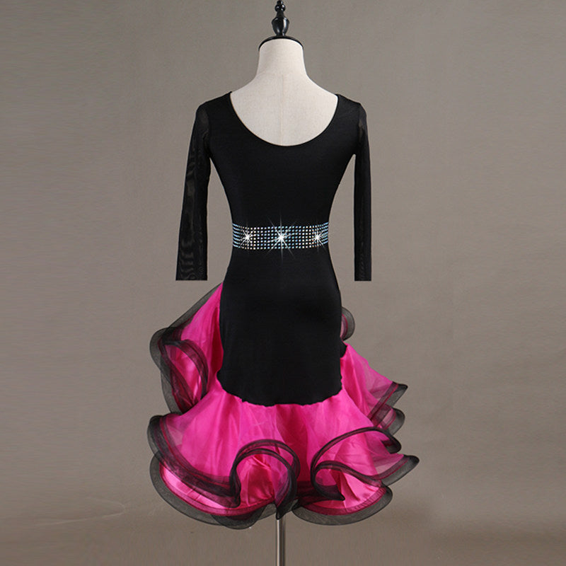 Black latin dance dress rear view with the rose red ruffle hem