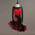 Black latin dance dress with red fringe chest band, rose corsage and red organza skirt