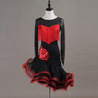 Black latin dance dress front view showing the mesh yoke and long mesh sleeves