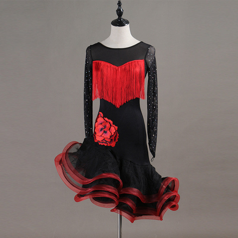 Black latin dance dress front view showing the mesh yoke and long mesh sleeves