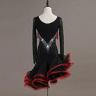 Black latin dance dress rear view showing the mesh back and red ruffle hem