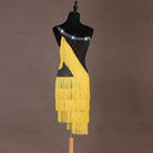 Black latin dance dress with crystal straps and yellow triangular fringe skirt