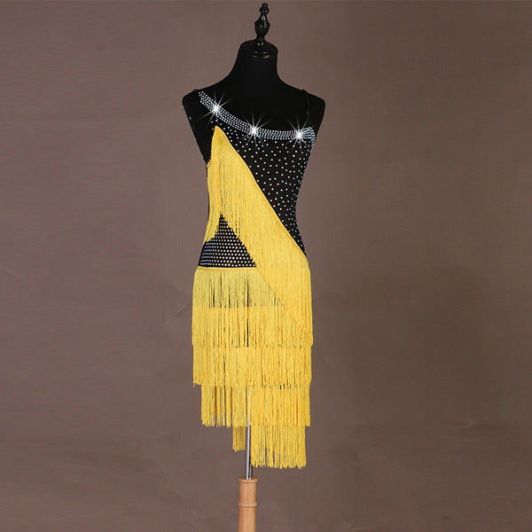 Black latin dance dress with crystal straps and yellow triangular fringe skirt