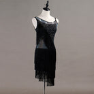 All black latin dance dress with crystal straps and diagonal tassel fringe