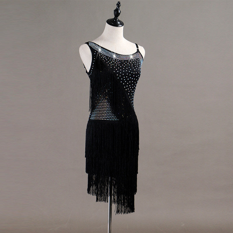 All black latin dance dress with crystal straps and diagonal tassel fringe