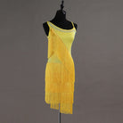 Yellow fringe latin dance dress front view with the asymmetric hem