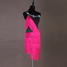 Black latin dance dress with rose red triangular fringe skirt