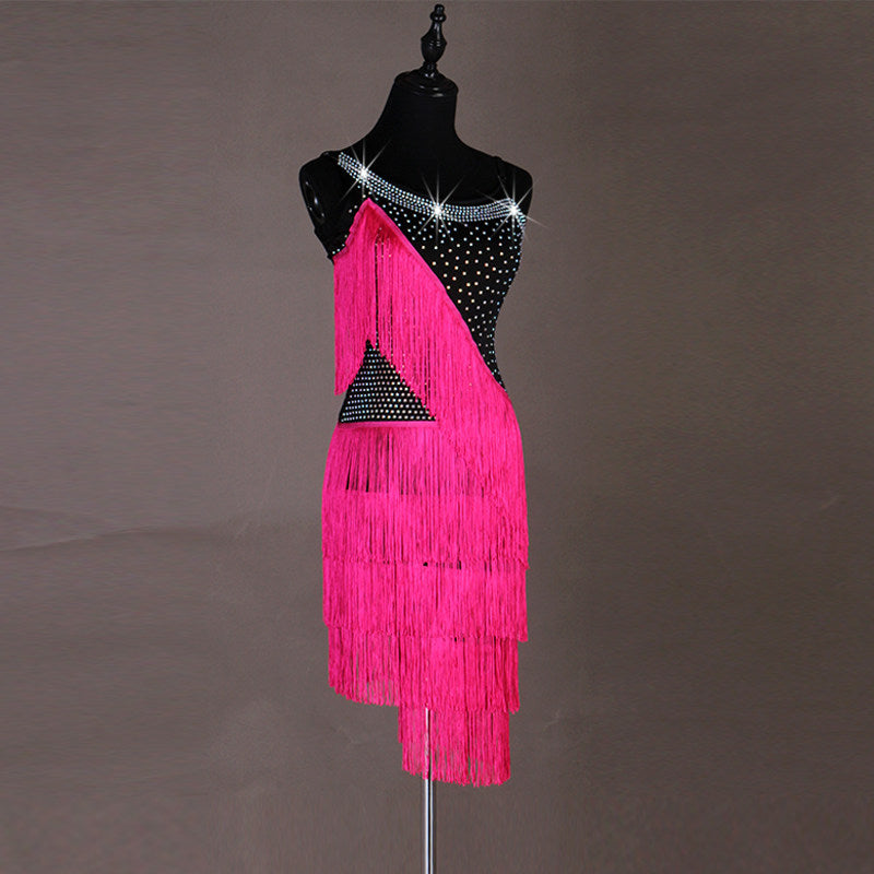 Black latin dance dress with rose red triangular fringe skirt