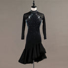 Black latin dance dress with stoned high collar and crystal scroll across the bodice