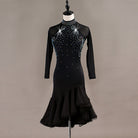 Black latin dance dress front view showing the mesh sleeves and flared hem