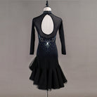 Black latin dance dress rear view with the open oval mesh back