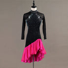 Black latin dance dress with rose red ruffle hem and crystal scroll bodice