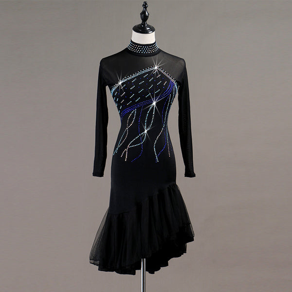 Black latin dance dress with trailing blue crystal motif and stoned high collar