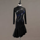 Black latin dance dress front view showing the blue stoned collar and mesh sleeves