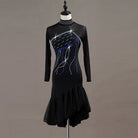 Black latin dance dress angled view with the blue crystal motif lit