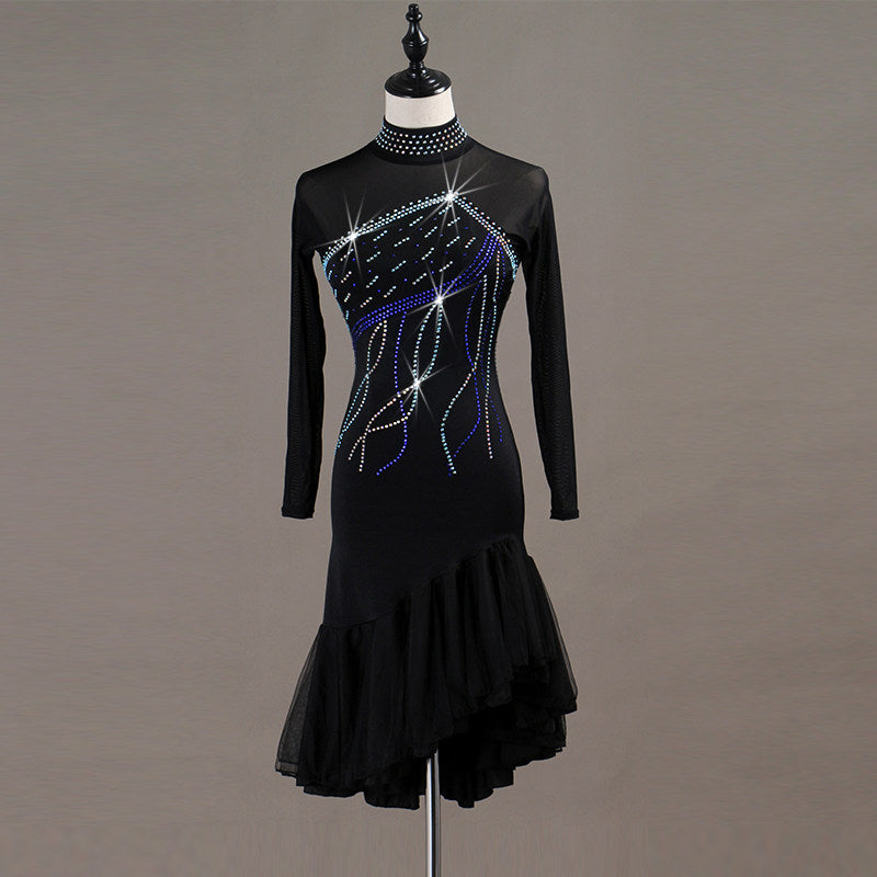 Black latin dance dress angled view with the blue crystal motif lit